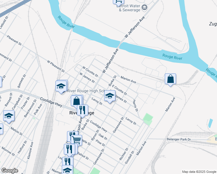 map of restaurants, bars, coffee shops, grocery stores, and more near 121 Burke Street in River Rouge