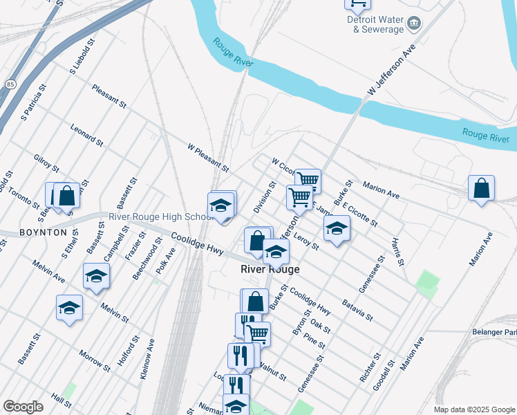 map of restaurants, bars, coffee shops, grocery stores, and more near Myrtle Street in Detroit