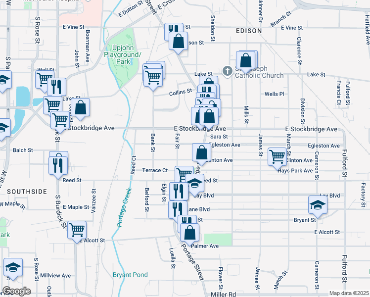 map of restaurants, bars, coffee shops, grocery stores, and more near 712 Egleston Avenue in Kalamazoo