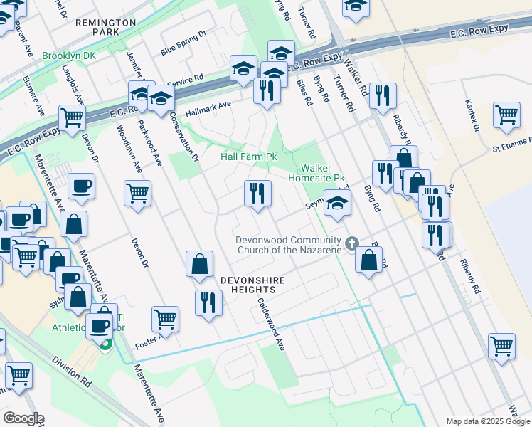 map of restaurants, bars, coffee shops, grocery stores, and more near 1371 Hansen Crescent in Windsor