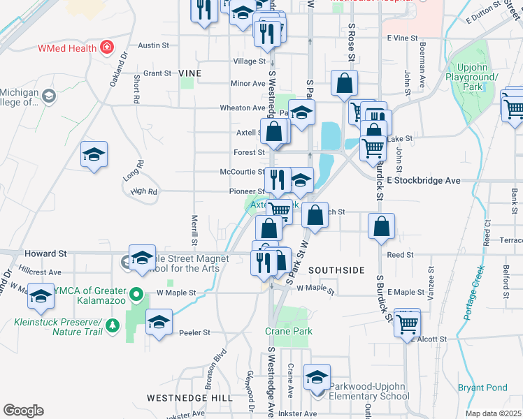 map of restaurants, bars, coffee shops, grocery stores, and more near 530 West Crosstown Parkway in Kalamazoo
