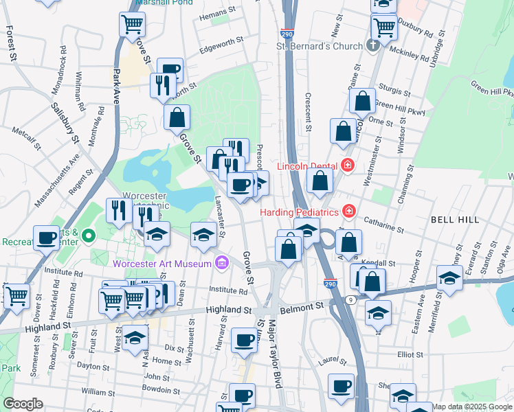map of restaurants, bars, coffee shops, grocery stores, and more near 85 Prescott Street in Worcester