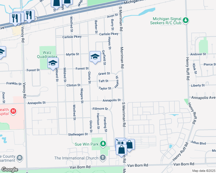 map of restaurants, bars, coffee shops, grocery stores, and more near 31532 Taylor Street in Wayne