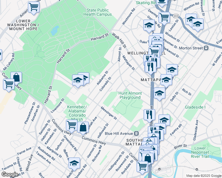map of restaurants, bars, coffee shops, grocery stores, and more near 96 Itasca Street in Boston