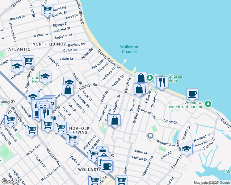 map of restaurants, bars, coffee shops, grocery stores, and more near 117A Vassall Street in Quincy