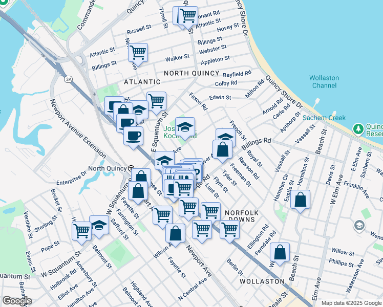 map of restaurants, bars, coffee shops, grocery stores, and more near 250 Newbury Avenue in Quincy