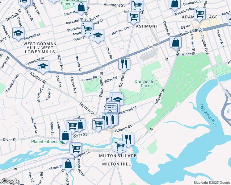 map of restaurants, bars, coffee shops, grocery stores, and more near 2183 Dorchester Avenue in Boston