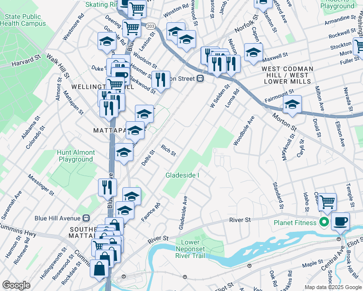 map of restaurants, bars, coffee shops, grocery stores, and more near 6 Woodale Avenue in Boston