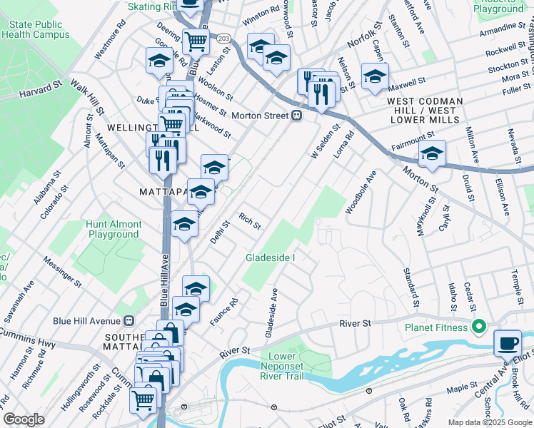 map of restaurants, bars, coffee shops, grocery stores, and more near 6 Woodale Avenue in Boston