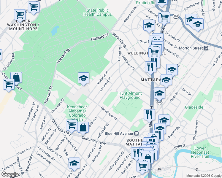 map of restaurants, bars, coffee shops, grocery stores, and more near 94 Itasca Street in Boston