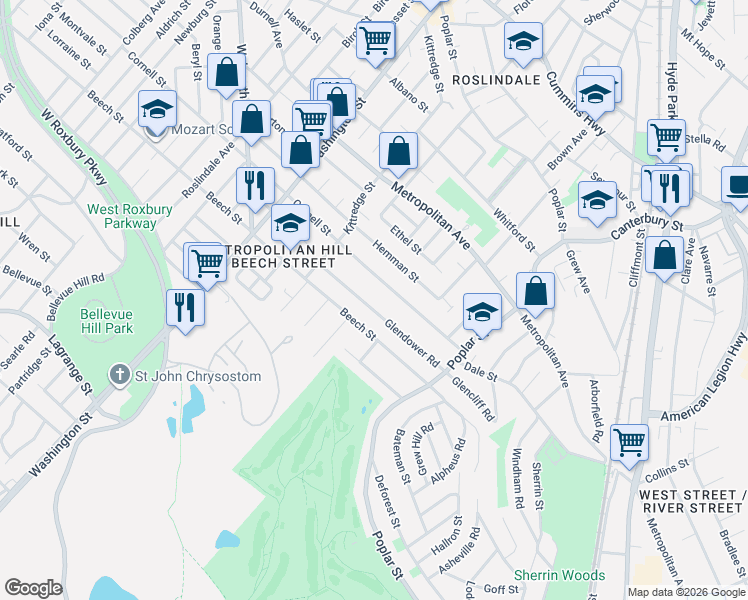 map of restaurants, bars, coffee shops, grocery stores, and more near 79 Glendower Road in Boston