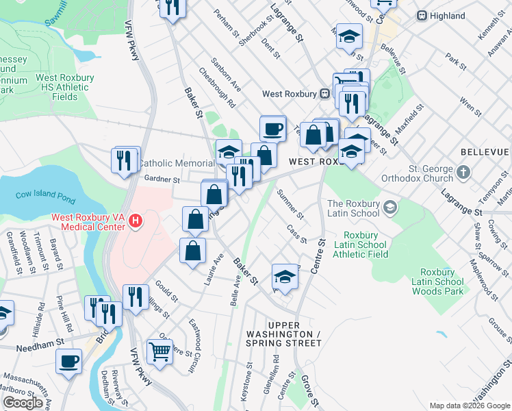 map of restaurants, bars, coffee shops, grocery stores, and more near 17 Cass Street in Boston