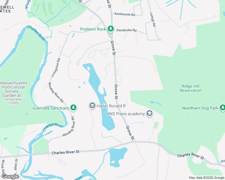 map of restaurants, bars, coffee shops, grocery stores, and more near 389 Grove Street in Needham
