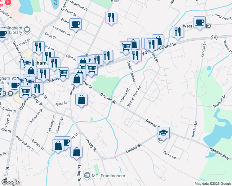 map of restaurants, bars, coffee shops, grocery stores, and more near 126 Beaver Street in Framingham