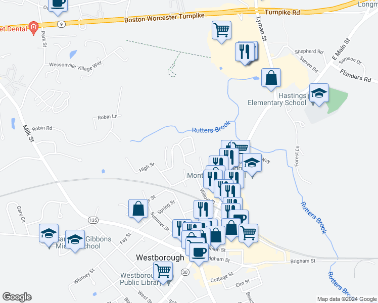 map of restaurants, bars, coffee shops, grocery stores, and more near 3 McDonald Place in Westborough