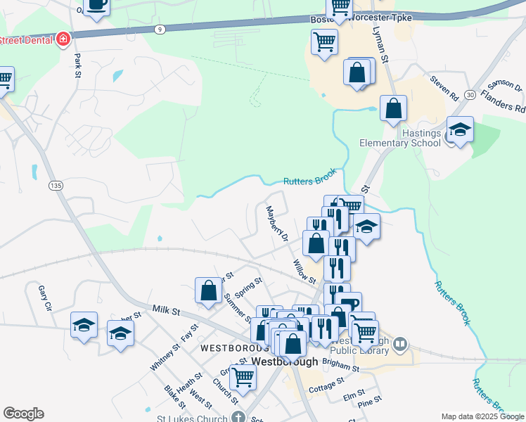 map of restaurants, bars, coffee shops, grocery stores, and more near 14 Mayberry Drive in Westborough