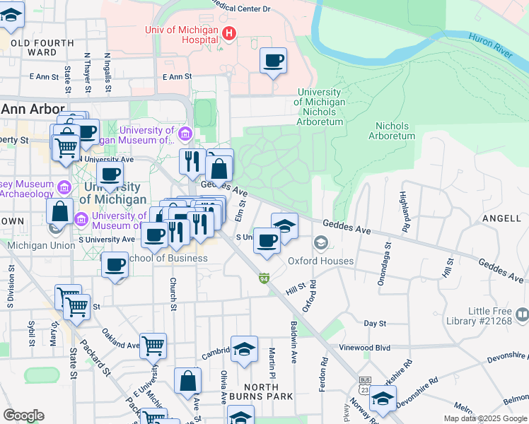 map of restaurants, bars, coffee shops, grocery stores, and more near 520 Linden Street in Ann Arbor