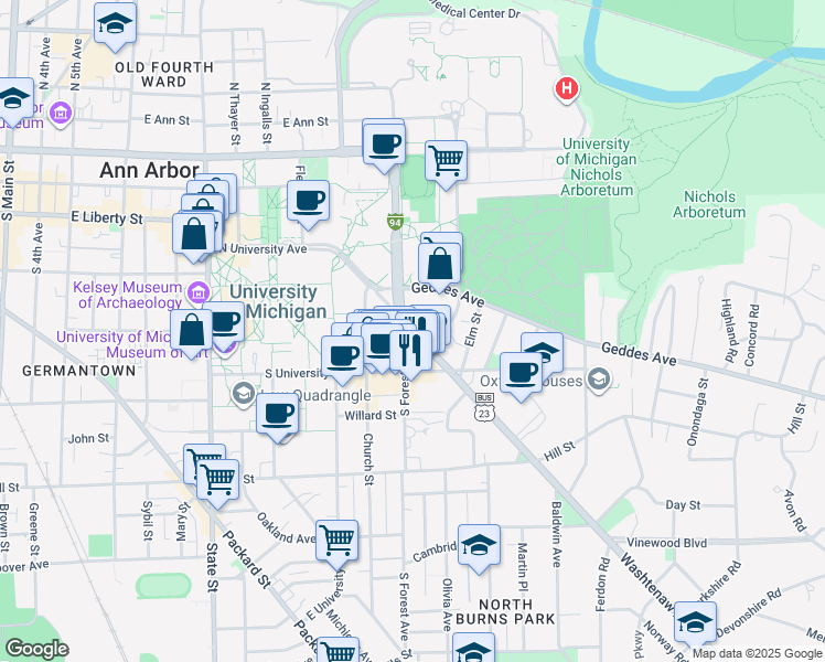map of restaurants, bars, coffee shops, grocery stores, and more near 514 South Forest Avenue in Ann Arbor