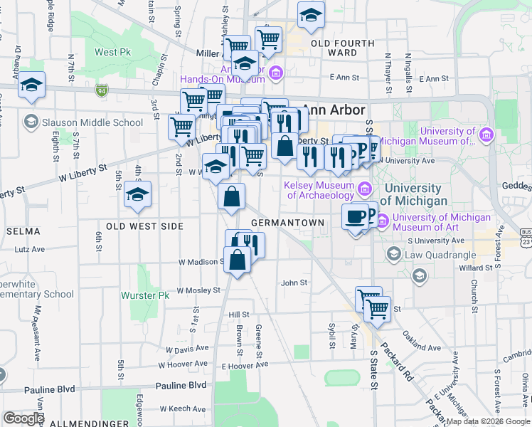 map of restaurants, bars, coffee shops, grocery stores, and more near 504 South 5th Avenue in Ann Arbor