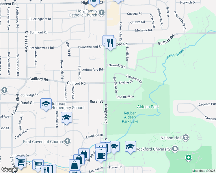 map of restaurants, bars, coffee shops, grocery stores, and more near 802 Medford Drive in Rockford
