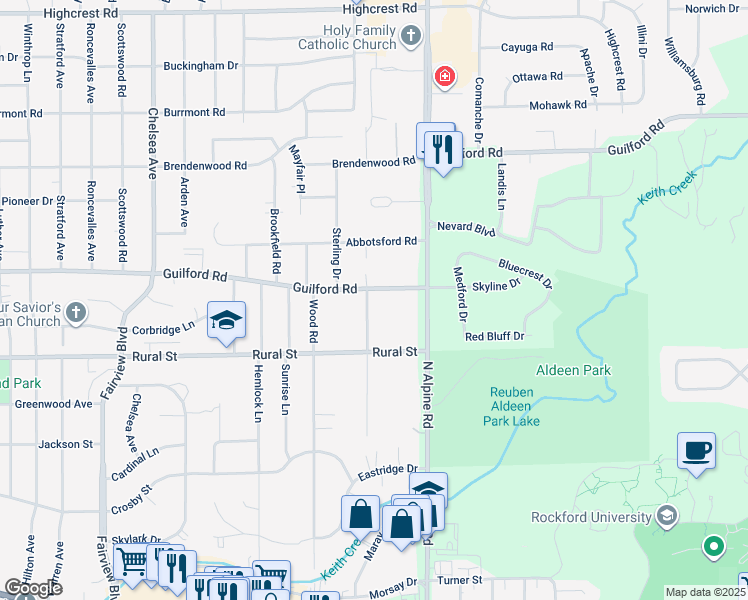 map of restaurants, bars, coffee shops, grocery stores, and more near 823 Coolidge Place in Rockford
