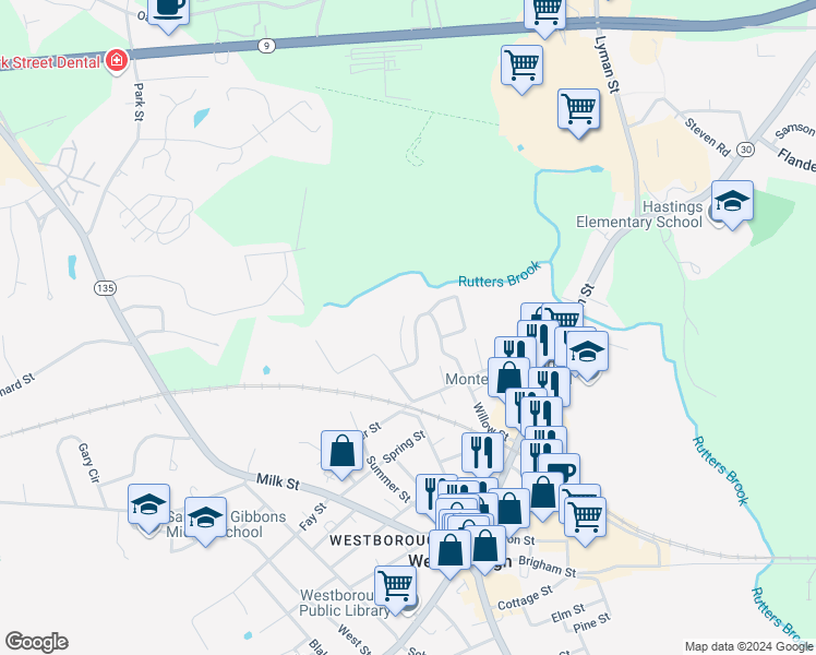 map of restaurants, bars, coffee shops, grocery stores, and more near 6 Mayberry Drive in Westborough