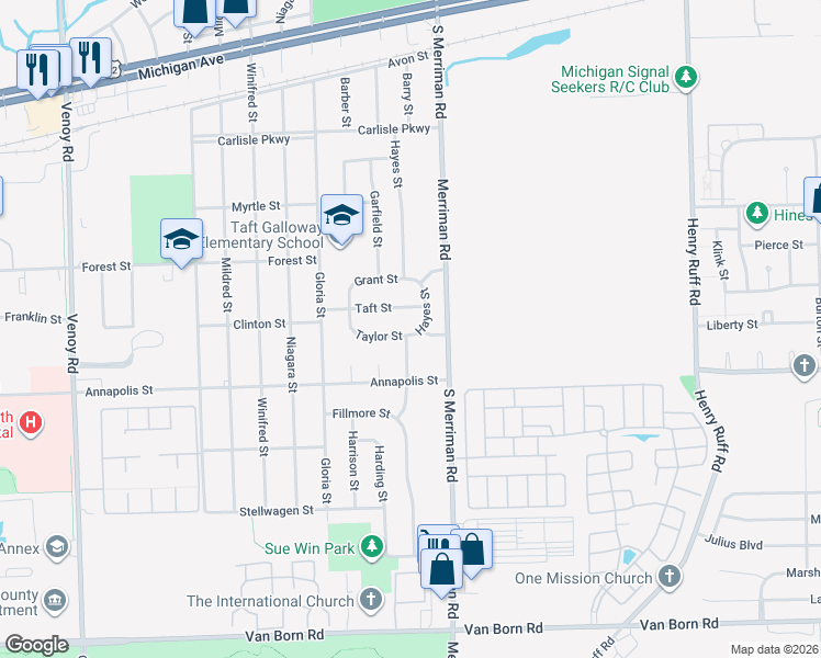 map of restaurants, bars, coffee shops, grocery stores, and more near 31532 Taylor Street in Wayne
