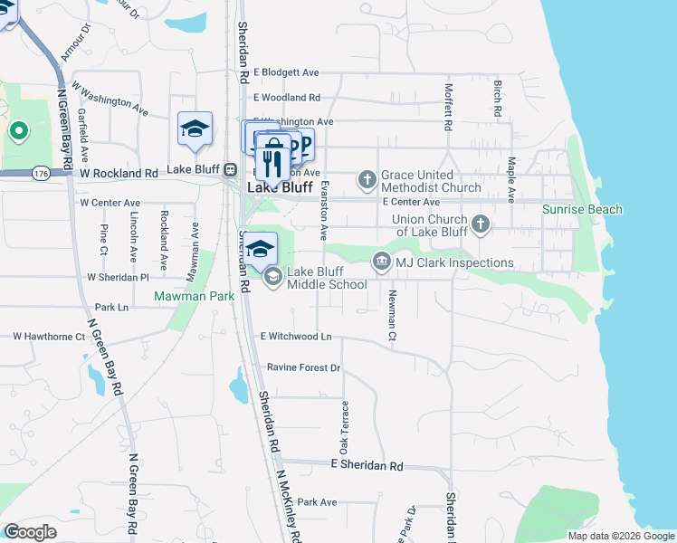 map of restaurants, bars, coffee shops, grocery stores, and more near 210 East Sheridan Place in Lake Bluff