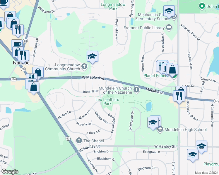 map of restaurants, bars, coffee shops, grocery stores, and more near 1691 Templeton Court in Mundelein