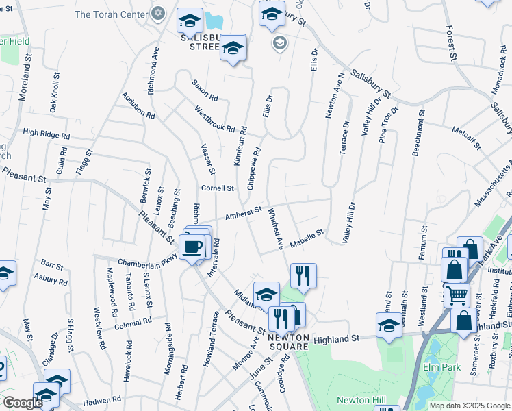 map of restaurants, bars, coffee shops, grocery stores, and more near 61 Amherst Street in Worcester