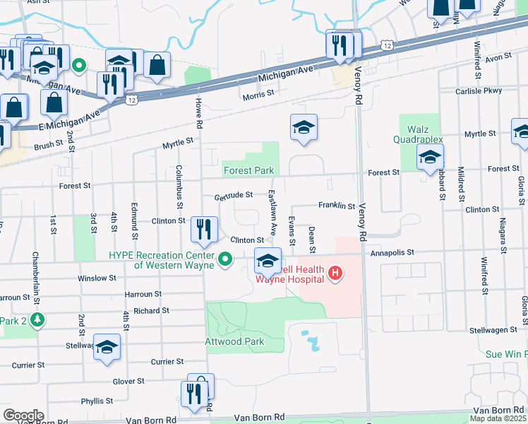 map of restaurants, bars, coffee shops, grocery stores, and more near 4270 Eastlawn Avenue in Wayne