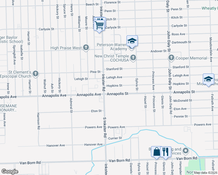 map of restaurants, bars, coffee shops, grocery stores, and more near 27333 Hopkins Street in Inkster