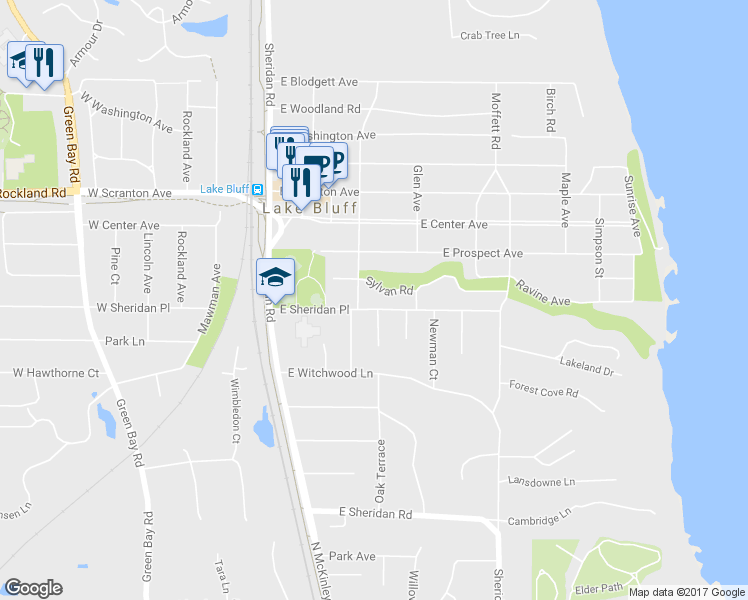 map of restaurants, bars, coffee shops, grocery stores, and more near 210 East Sheridan Place in Lake Bluff