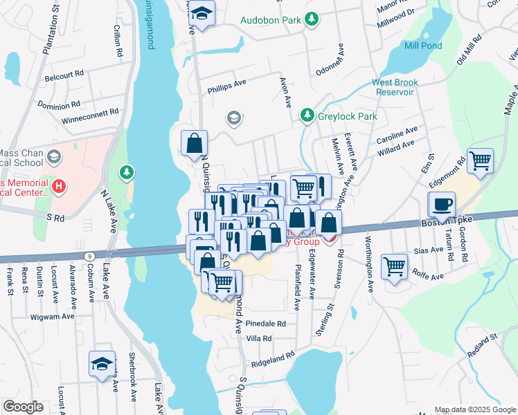 map of restaurants, bars, coffee shops, grocery stores, and more near 21 Dewey Road in Shrewsbury