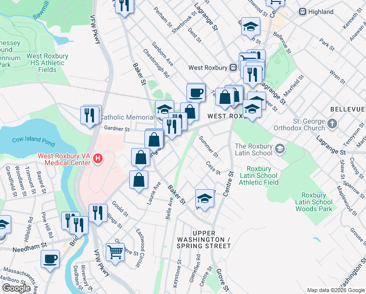 map of restaurants, bars, coffee shops, grocery stores, and more near 17 Cass Street in Boston