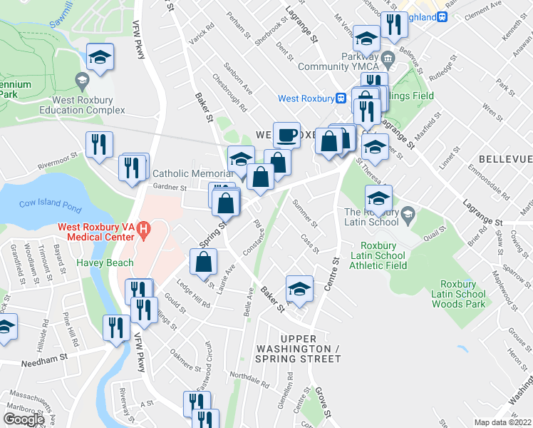 map of restaurants, bars, coffee shops, grocery stores, and more near 17 Cass Street in Boston