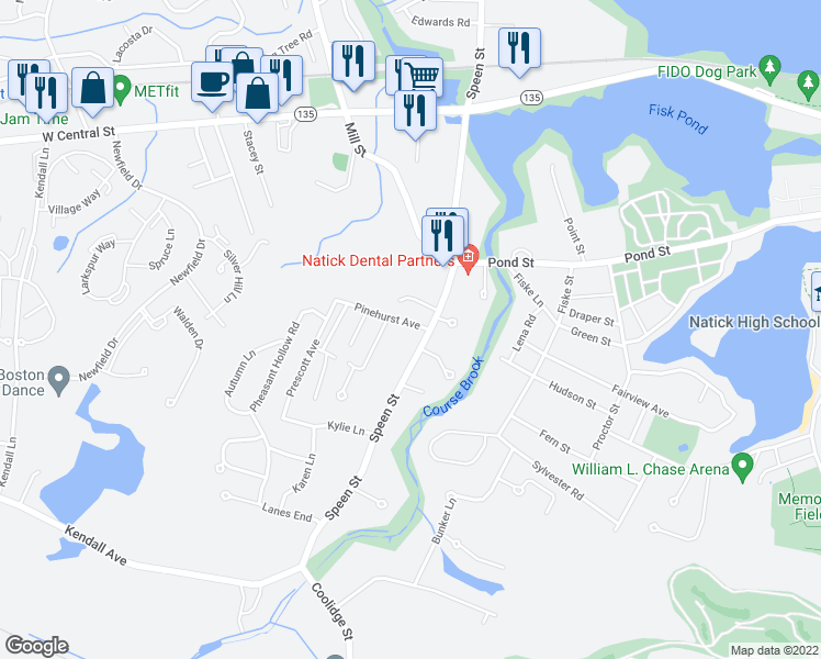 map of restaurants, bars, coffee shops, grocery stores, and more near 6 Pinehurst Avenue in Natick