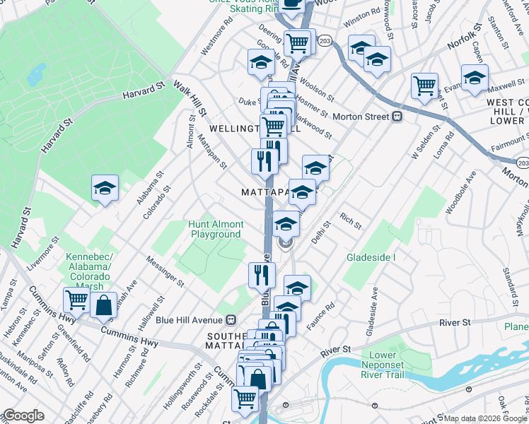map of restaurants, bars, coffee shops, grocery stores, and more near 1407 Blue Hill Avenue in Boston