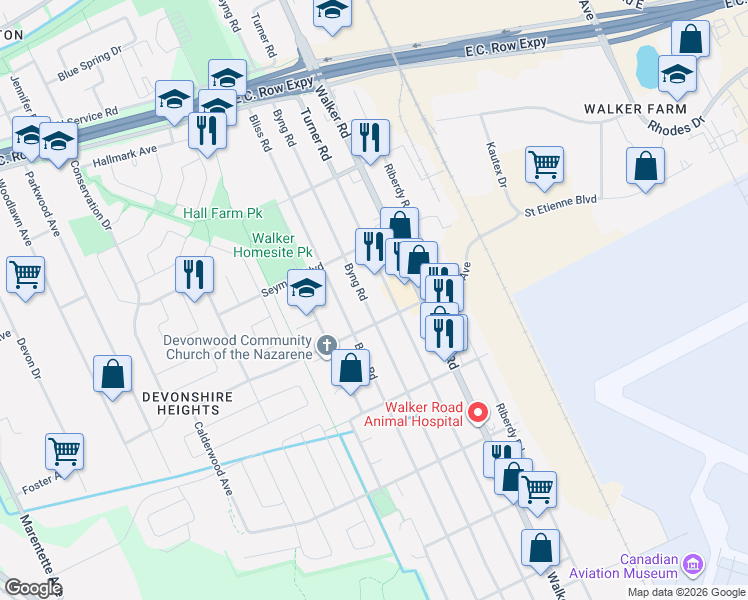 map of restaurants, bars, coffee shops, grocery stores, and more near 3382 Byng Road in Windsor