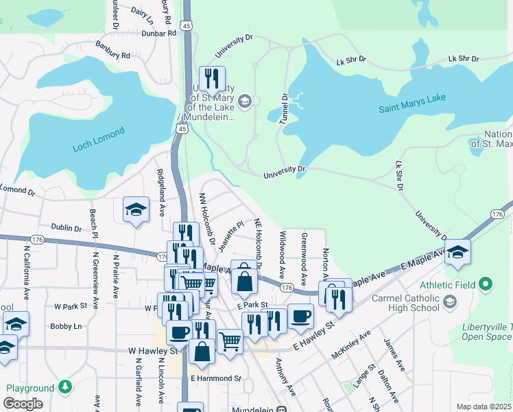 map of restaurants, bars, coffee shops, grocery stores, and more near 827 Northeast Holcomb Drive in Mundelein