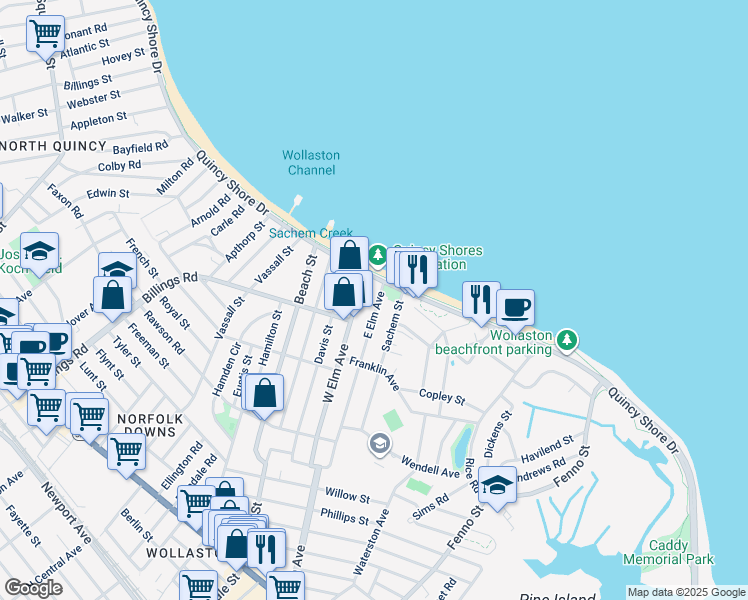 map of restaurants, bars, coffee shops, grocery stores, and more near 112 Sachem Street in Quincy