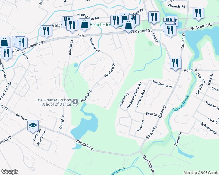 map of restaurants, bars, coffee shops, grocery stores, and more near 17 Walden Drive in Natick