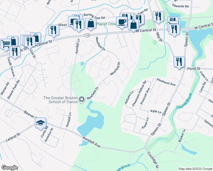 map of restaurants, bars, coffee shops, grocery stores, and more near 1 Walden Drive in Natick