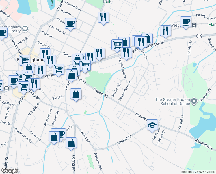 map of restaurants, bars, coffee shops, grocery stores, and more near 126 Beaver Street in Framingham