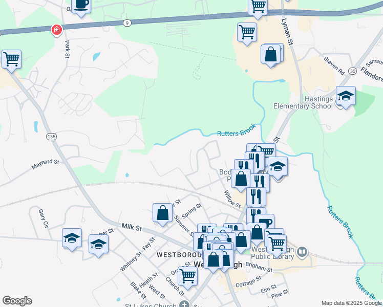 map of restaurants, bars, coffee shops, grocery stores, and more near 45 High Street in Westborough