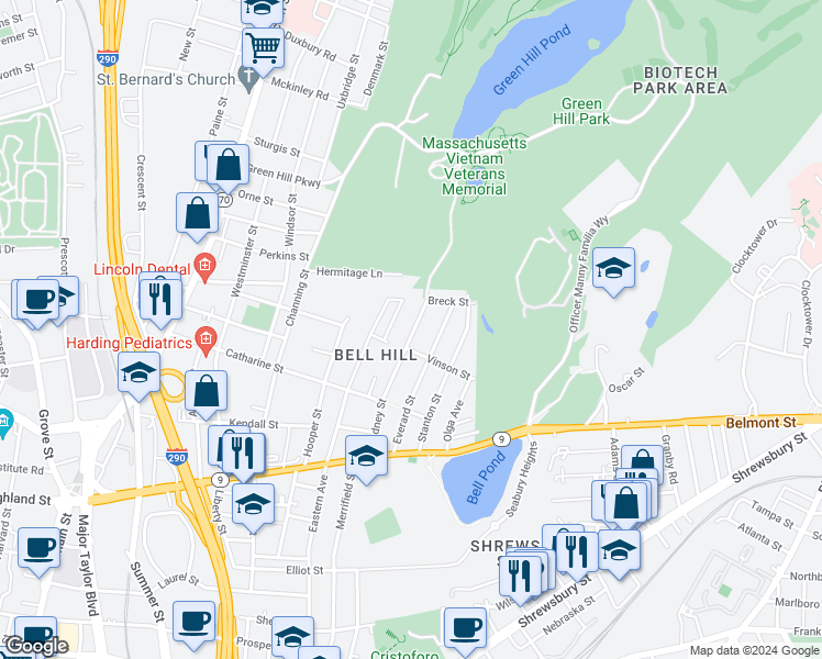 map of restaurants, bars, coffee shops, grocery stores, and more near 59 Everard Street in Worcester