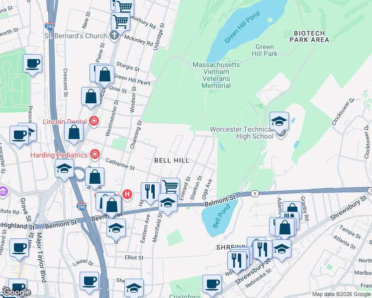 map of restaurants, bars, coffee shops, grocery stores, and more near 59 Everard Street in Worcester
