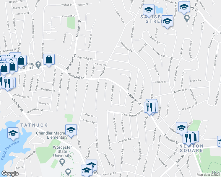 map of restaurants, bars, coffee shops, grocery stores, and more near 7 Kenilworth Road in Worcester