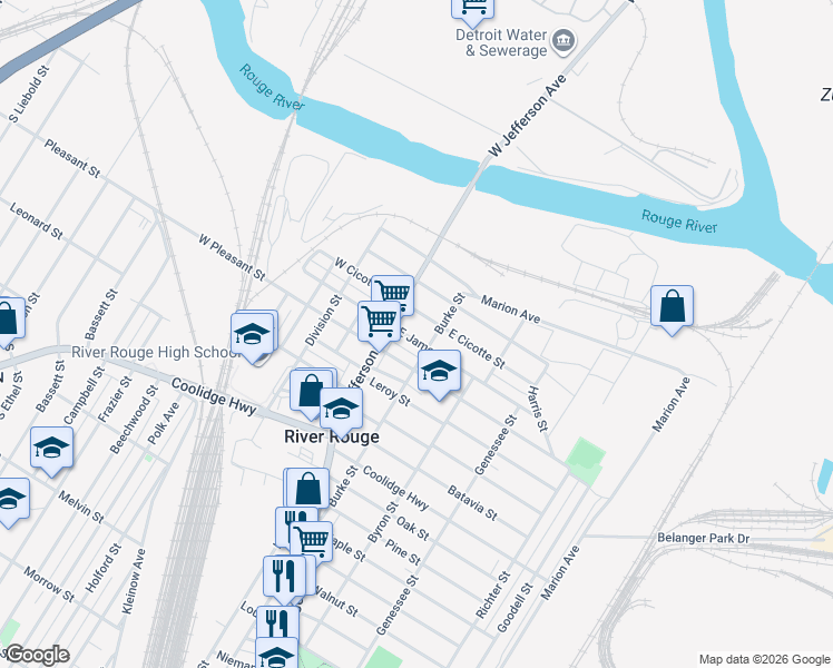 map of restaurants, bars, coffee shops, grocery stores, and more near 16 East James Street in River Rouge