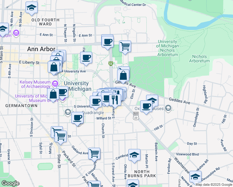 map of restaurants, bars, coffee shops, grocery stores, and more near 514 South Forest Avenue in Ann Arbor